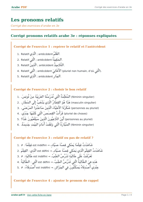 Corrigé « Les pronoms relatifs » en PDF
