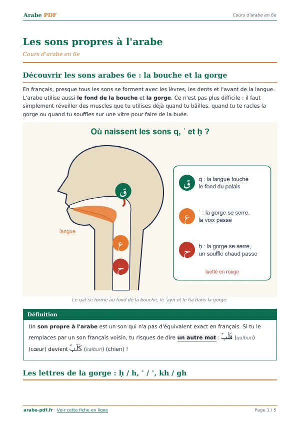 Cours « Les sons propres à l’arabe » en PDF