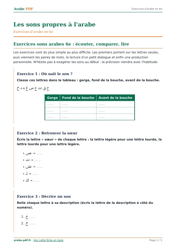 Exercices « Les sons propres à l’arabe » en PDF