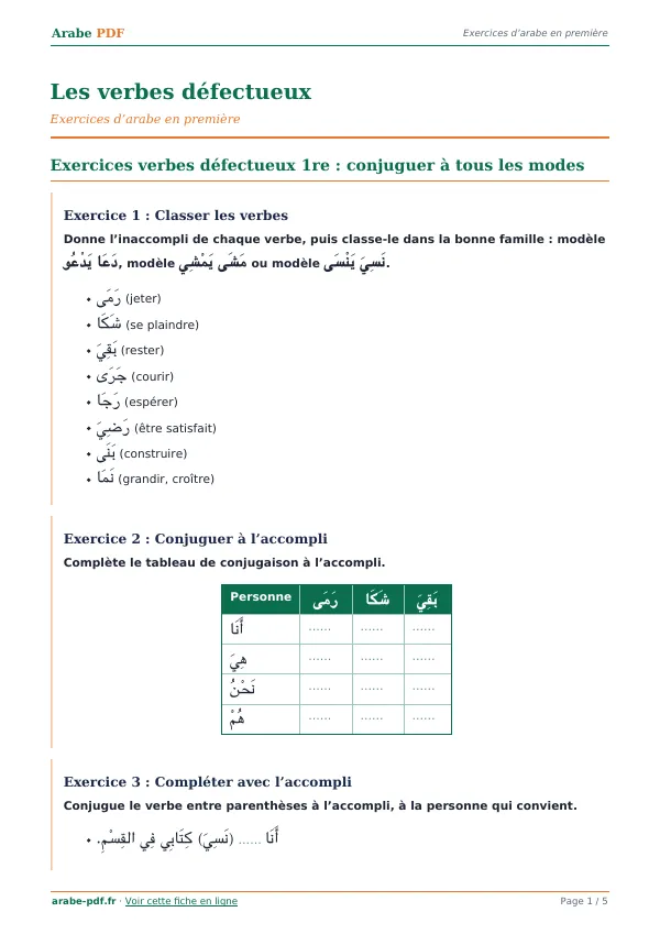 Exercices « Les verbes défectueux » en PDF