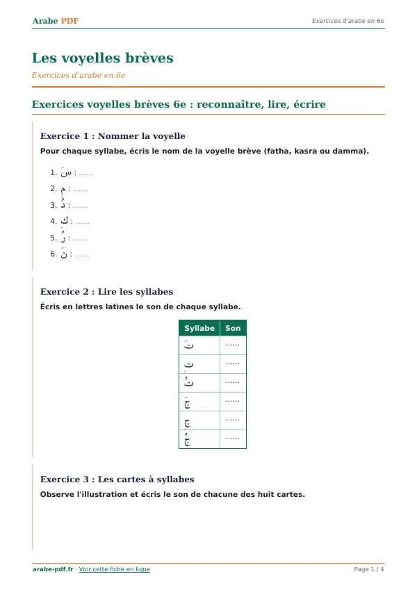Exercices « Les voyelles brèves » en PDF