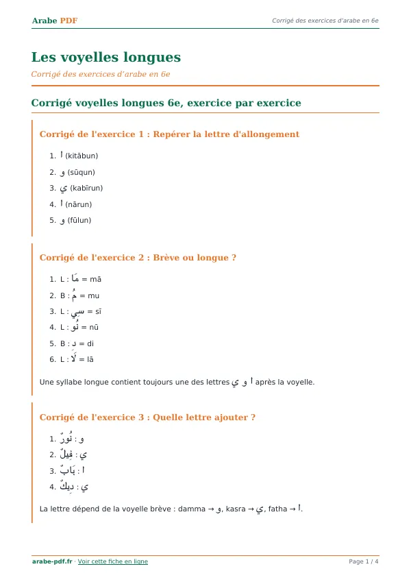 Corrigé « Les voyelles longues » en PDF