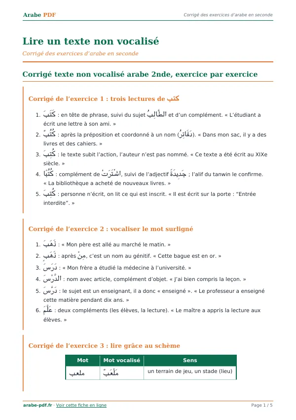 Corrigé « Lire un texte non vocalisé » en PDF