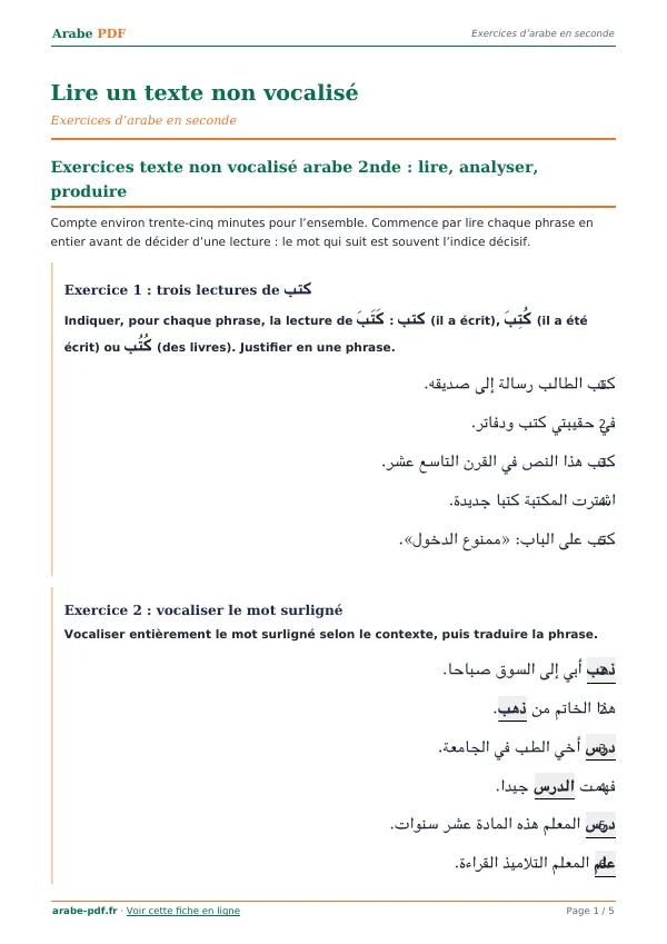 Exercices « Lire un texte non vocalisé » en PDF