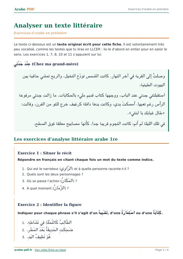 Exercices « Analyser un texte littéraire » en PDF