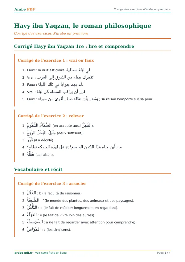 Corrigé « Hayy ibn Yaqzan, le roman philosophique » en PDF