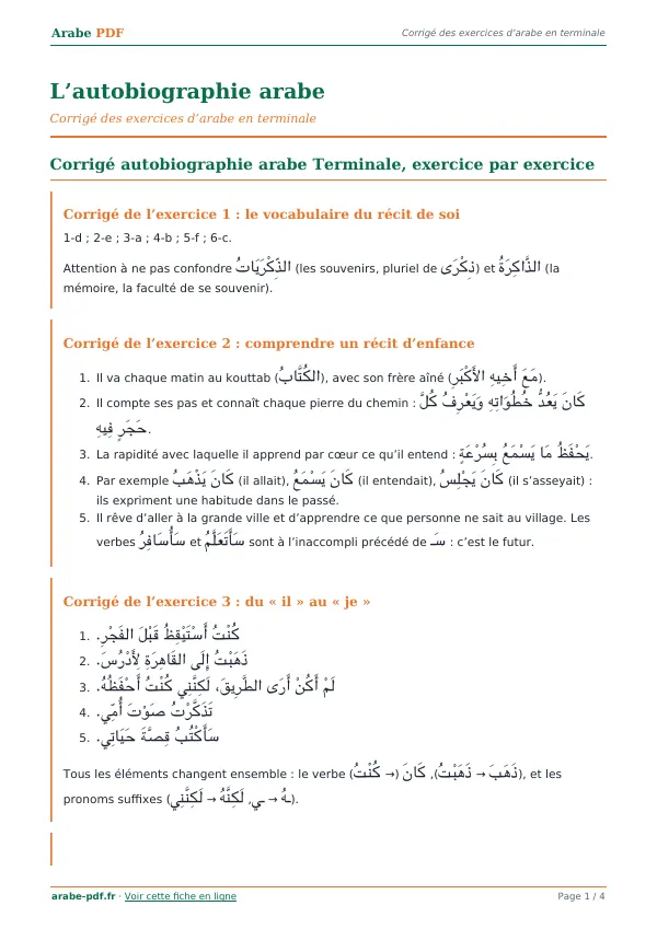 Corrigé « L’autobiographie arabe » en PDF