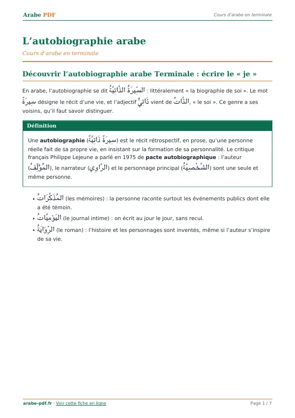 Cours « L’autobiographie arabe » en PDF