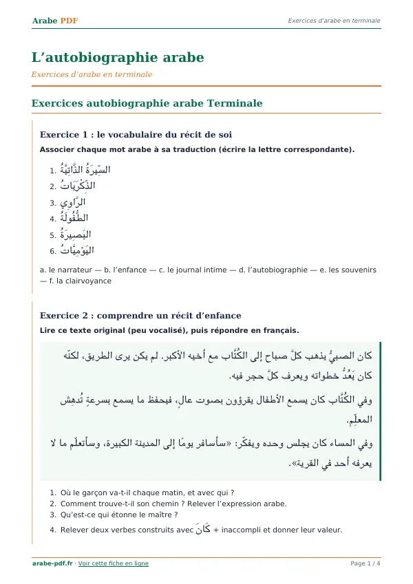 Exercices « L’autobiographie arabe » en PDF