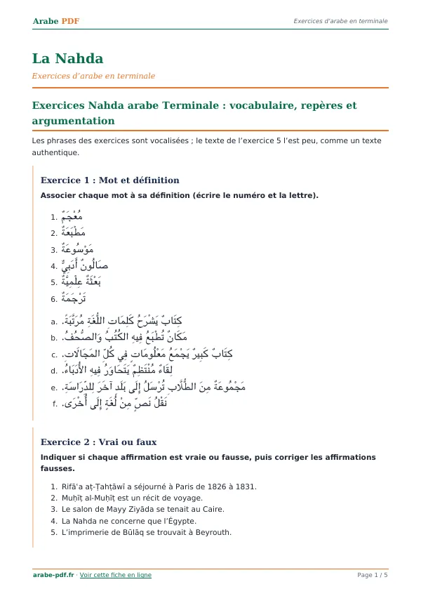 Exercices « La Nahda » en PDF