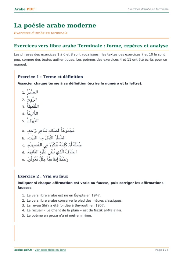 Exercices « La poésie arabe moderne » en PDF