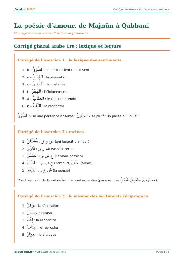 Corrigé « La poésie d’amour, de Majnûn à Qabbani » en PDF