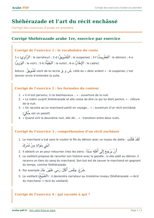 Corrigé « Shéhérazade et l’art du récit enchâssé » en PDF