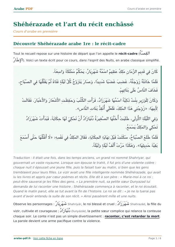 Cours « Shéhérazade et l’art du récit enchâssé » en PDF