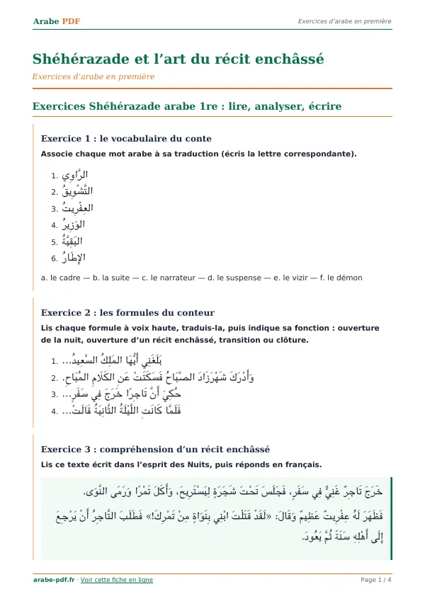 Exercices « Shéhérazade et l’art du récit enchâssé » en PDF
