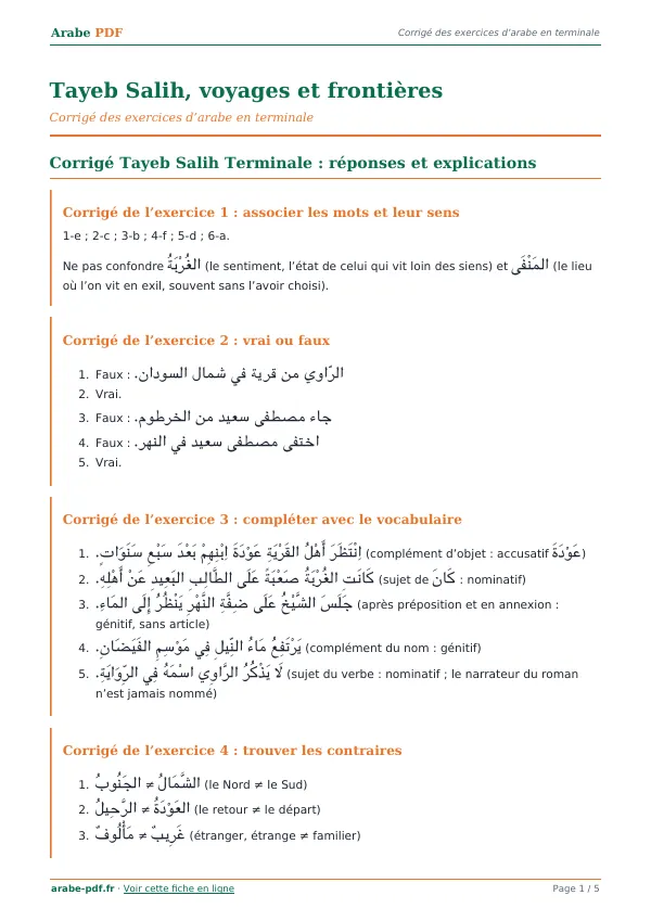 Corrigé « Tayeb Salih, voyages et frontières » en PDF
