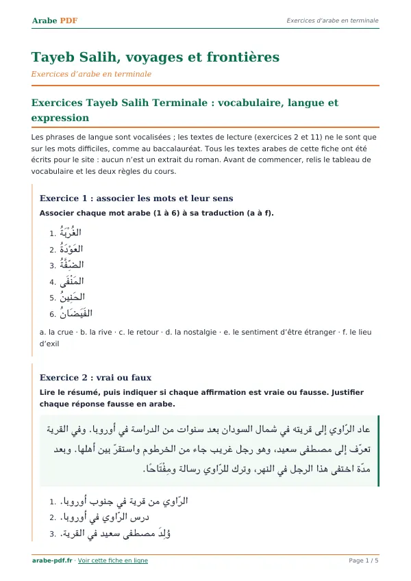 Exercices « Tayeb Salih, voyages et frontières » en PDF