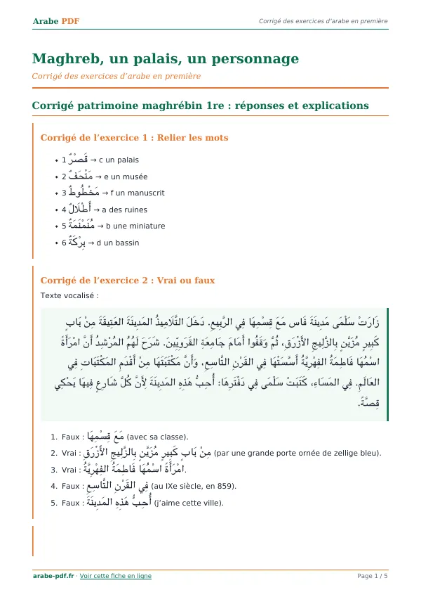 Corrigé « Maghreb, un palais, un personnage » en PDF