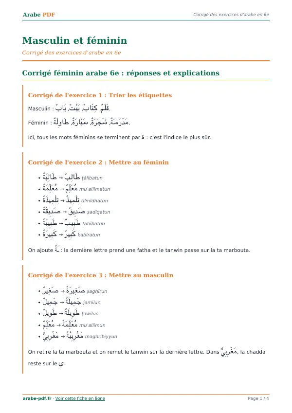 Corrigé « Masculin et féminin » en PDF