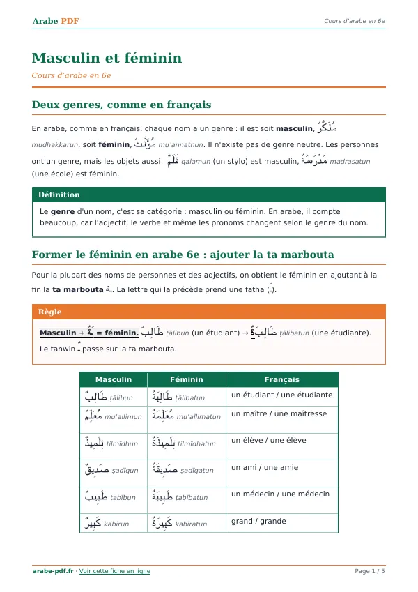Cours « Masculin et féminin » en PDF