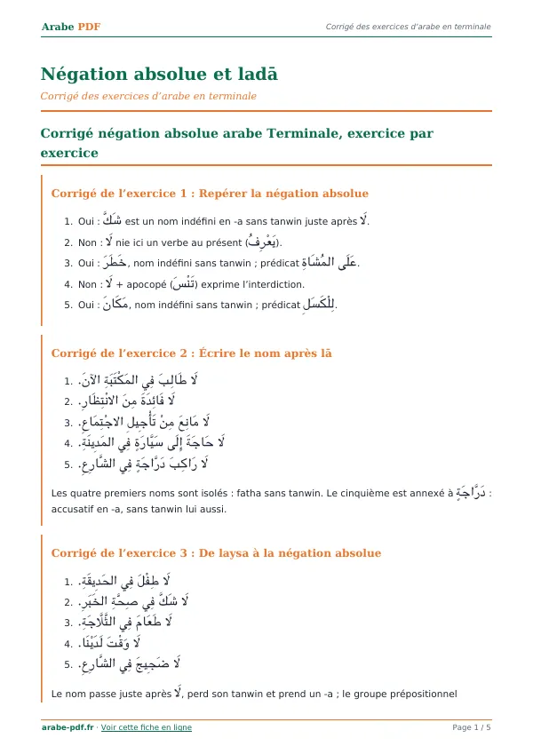 Corrigé « Négation absolue et ladā » en PDF