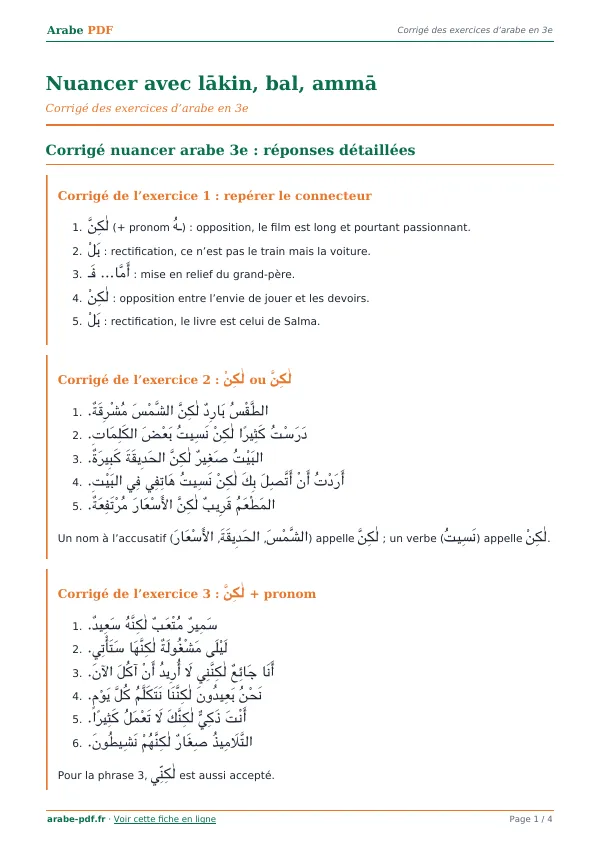 Corrigé « Nuancer avec lākin, bal, ammā » en PDF