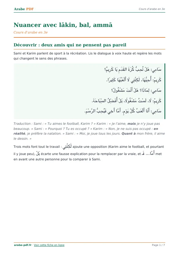 Cours « Nuancer avec lākin, bal, ammā » en PDF