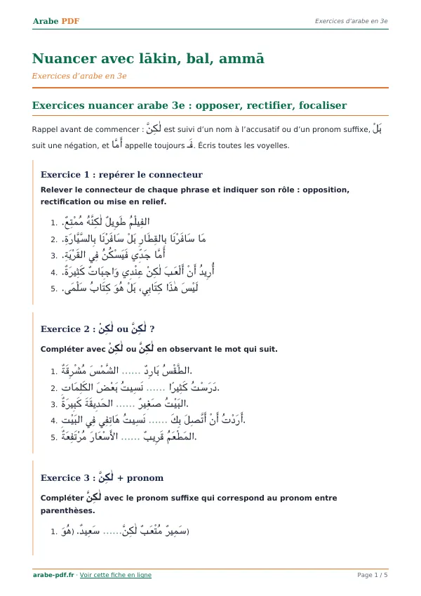 Exercices « Nuancer avec lākin, bal, ammā » en PDF