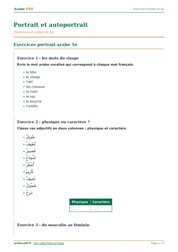 Exercices « Portrait et autoportrait » en PDF