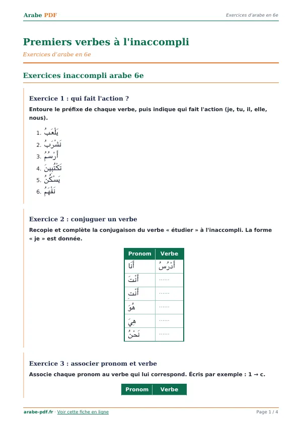Exercices « Premiers verbes à l’inaccompli » en PDF