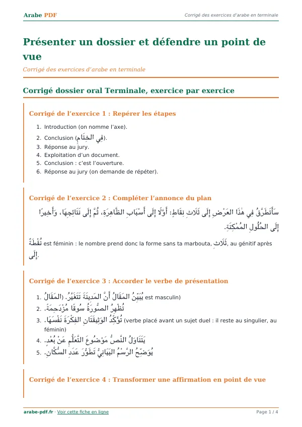 Corrigé « Présenter un dossier et défendre un point de vue » en PDF