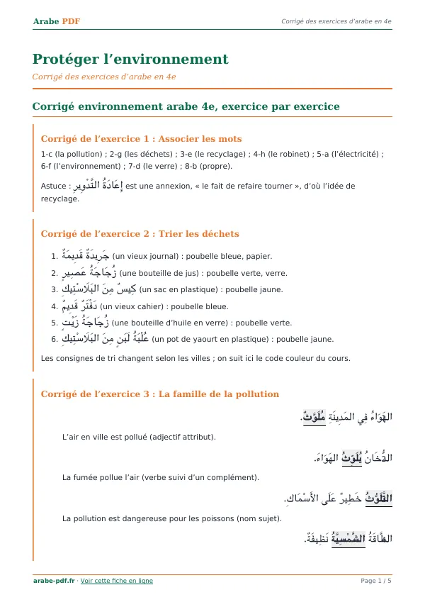 Corrigé « Protéger l’environnement » en PDF