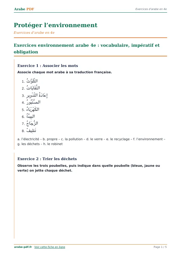 Exercices « Protéger l’environnement » en PDF