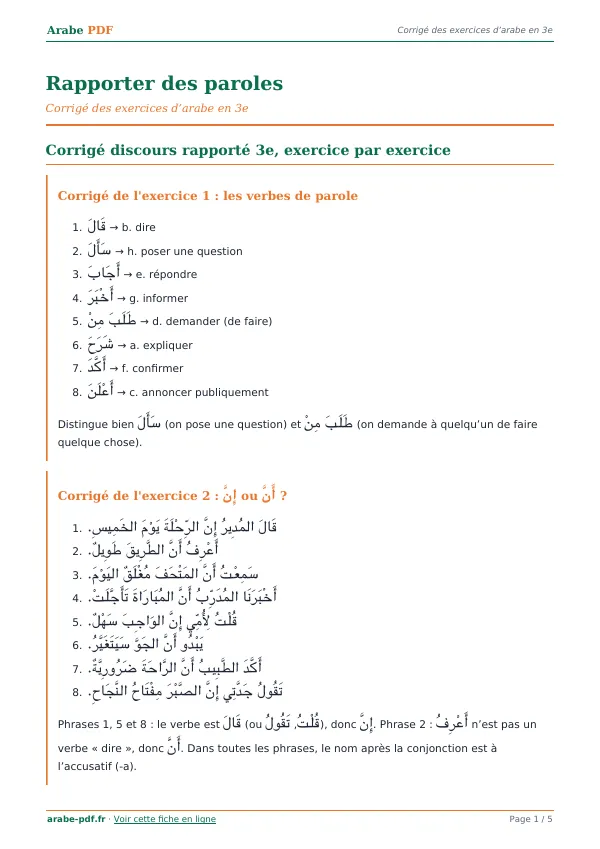 Corrigé « Rapporter des paroles » en PDF