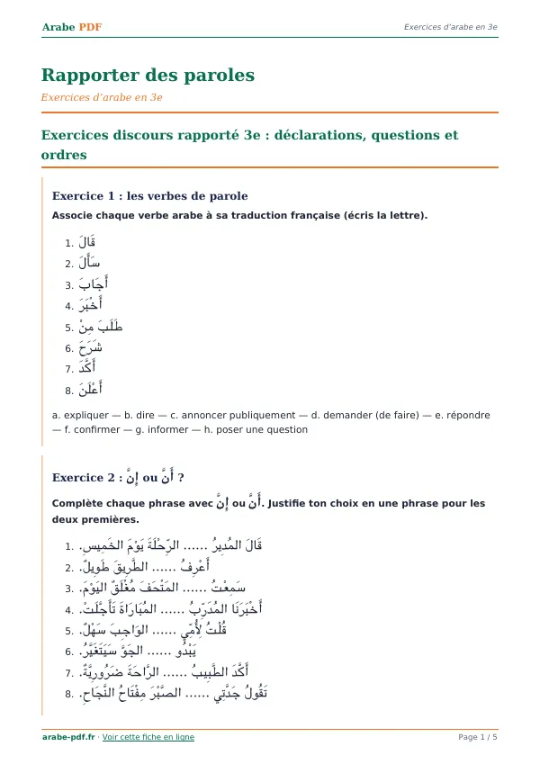 Exercices « Rapporter des paroles » en PDF