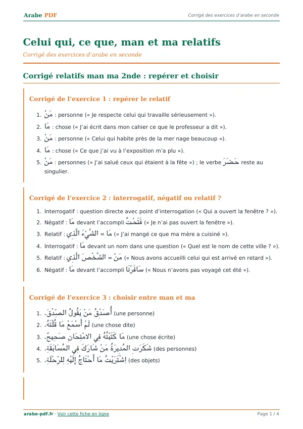 Corrigé « Celui qui, ce que, man et ma relatifs » en PDF
