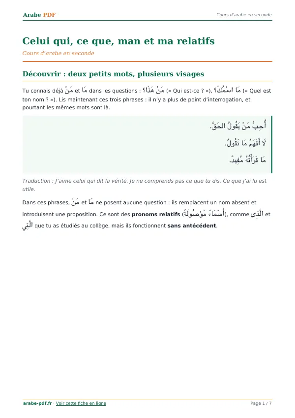 Cours « Celui qui, ce que, man et ma relatifs » en PDF