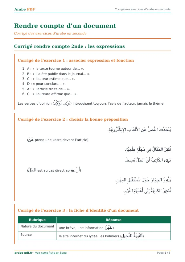Corrigé « Rendre compte d’un document » en PDF