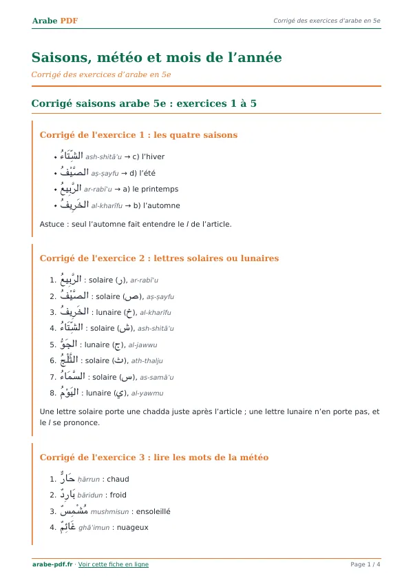 Corrigé « Saisons, météo et mois de l’année » en PDF