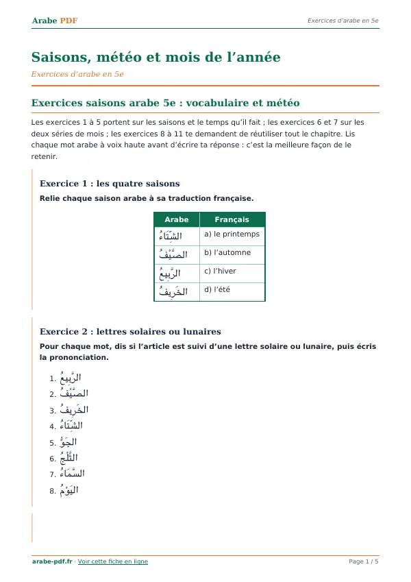 Exercices « Saisons, météo et mois de l’année » en PDF