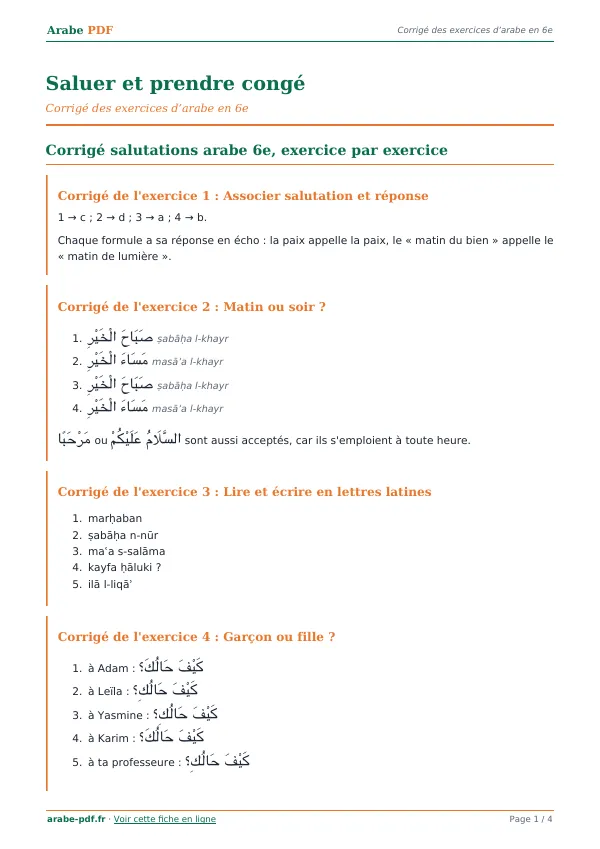Corrigé « Saluer et prendre congé » en PDF