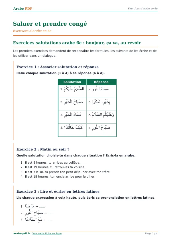 Exercices « Saluer et prendre congé » en PDF