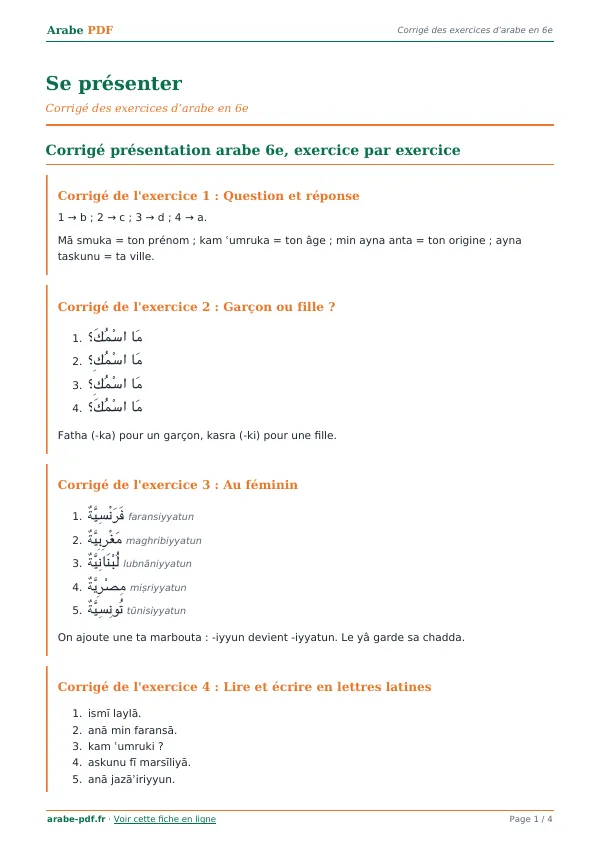 Corrigé « Se présenter » en PDF