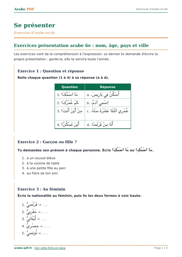 Exercices « Se présenter » en PDF