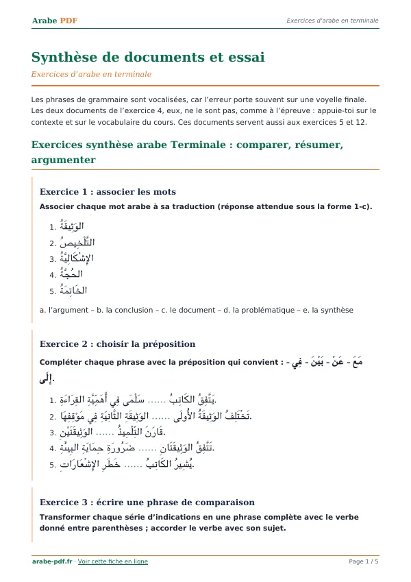 Exercices « Synthèse de documents et essai » en PDF