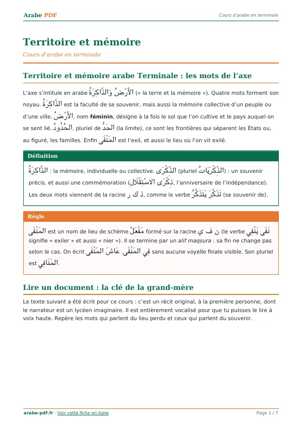 Cours « Territoire et mémoire » en PDF