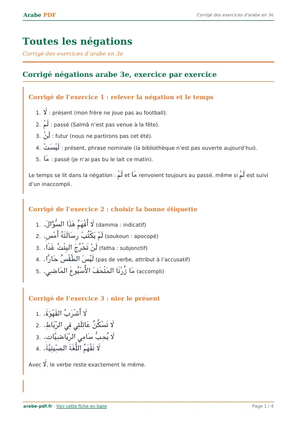 Corrigé « Toutes les négations » en PDF