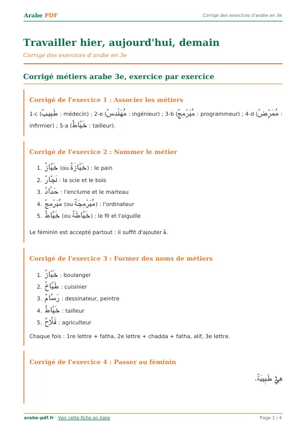 Corrigé « Travailler hier, aujourd’hui, demain » en PDF