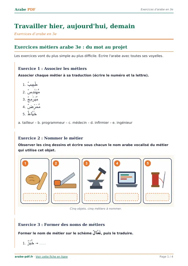 Exercices « Travailler hier, aujourd’hui, demain » en PDF
