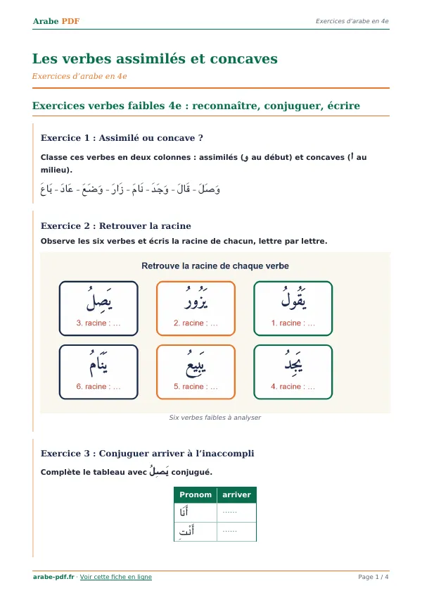Exercices « Les verbes assimilés et concaves » en PDF